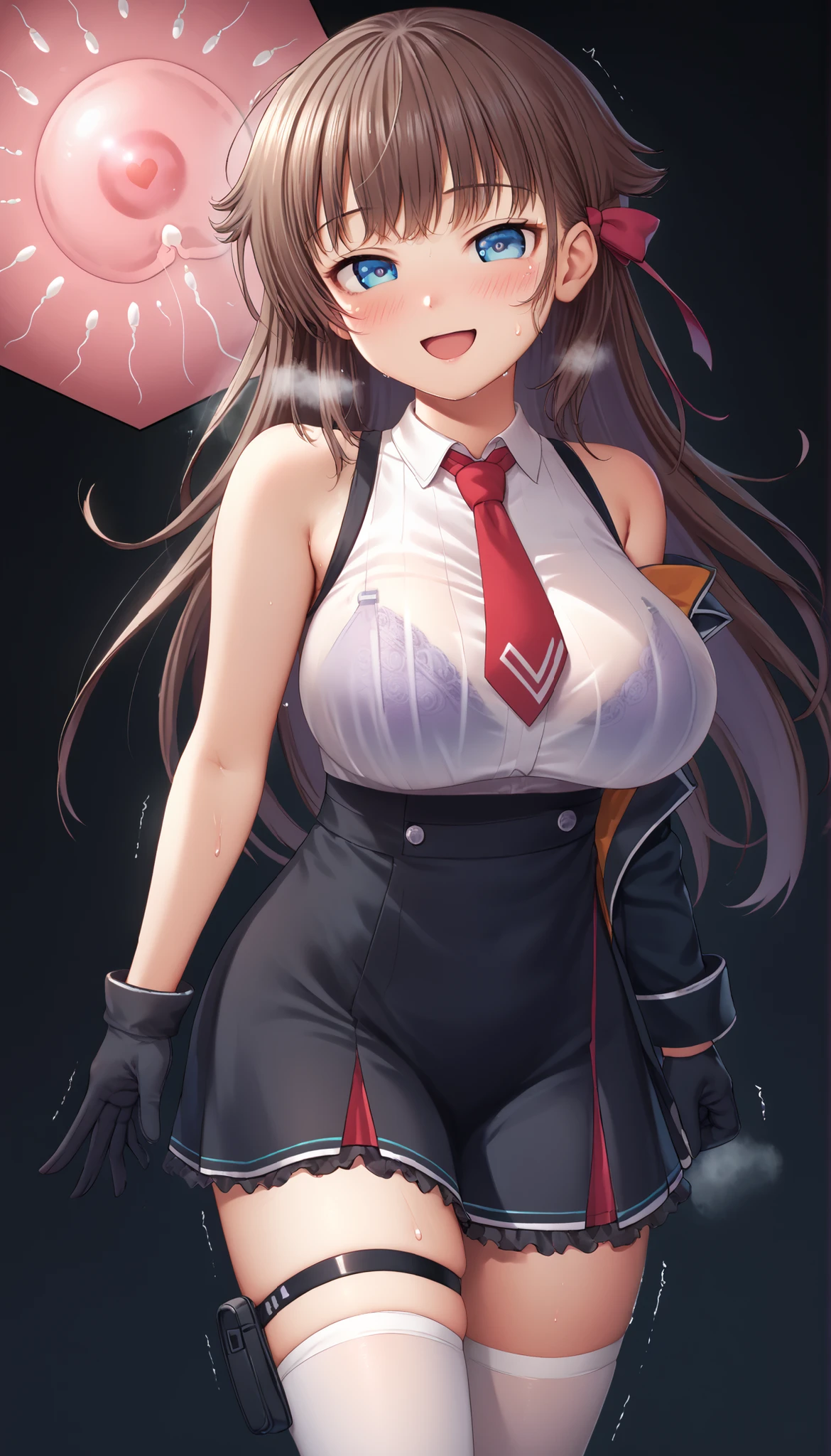 great quality,is so beautiful,Absard dress,top quality,newest,masterpiece,4k,resolution,anime screen capture,1 girl,brown hair,long hair,blue eyes,cute anime eyes,super huge breasts that have just been torn apart,very much sweat (Amount of sweat:2.0),blush(redness:3.0), Laughing face,I'm exhaling with my mouth wide open(steam),(Kana Kashiwazaki),hair bow,canavale , thigh-length single socks, one leg in stockings, black jacket, sleeveless shirt, thigh strap, tie, cowboy shot, gloves, black skirt,I had sex with the man I had an affair with until a while ago,my body is trembling because it has climaxed too much,steamが多い,My shirt is sweaty and I can see my bra slightly(The bra is purple),My uterus is full of my cheating partner's sperm,My thighs are slightly dripping with sperm,-game- Nebel Geisterjäger style