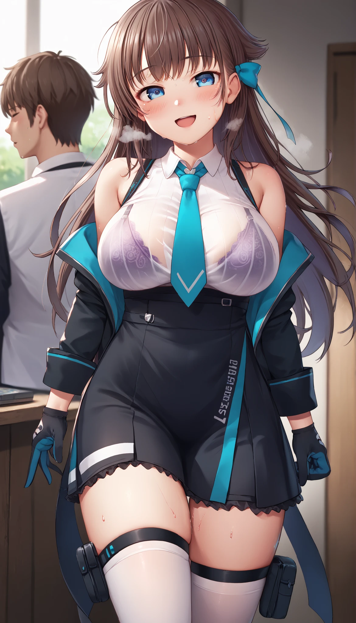 great quality,is so beautiful,Absard dress,top quality,newest,masterpiece,4k,resolution,anime screen capture,1 girl,brown hair,long hair,blue eyes,cute anime eyes,super huge breasts that have just been torn apart,very much sweat (Amount of sweat:2.0),blush(redness:3.0), Laughing face,I'm exhaling with my mouth wide open(steam),(Kana Kashiwazaki),hair bow,canavale , thigh-length single socks with slight visibility, one leg in stockings, black jacket, sleeveless shirt, thigh strap, tie, cowboy shot, gloves, black skirt,I had sex with the man I had an affair with until a while ago,my body is trembling because it has climaxed too much,steamが多い,My shirt is sweaty and I can see my bra slightly(The bra is purple),My uterus is full of my cheating partner's sperm,My thighs are slightly dripping with sperm,-game- Nebel Geisterjäger style