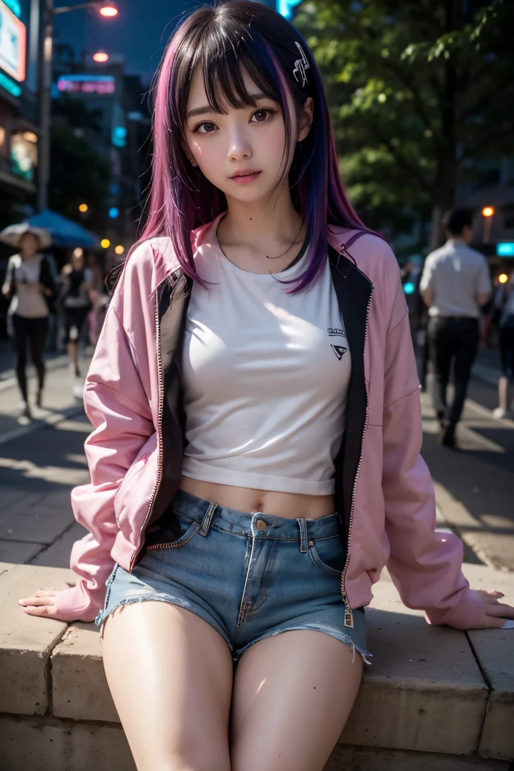 miku hatsune、training jacket、camisa、Gold and black hair and light blue and silver and pink、Multicolored hair、trees, High resolution, Heterochromia esim, small moles under esim、cortes bob、franja reta、Lucia\(ciberpunk\), 1 garota em, hair clip, hime cut, silver hair, Chip de cor, lua cheia, grey esim, white shirt, black tie、black shorts、manga longa, ( look at the spectators ), medium hair, Multicolored hair, distributed fringe, transparent clips , One with pink hair , red eyeliner, , Sozinho, white jacket, ciberpunk\(series\), Rainy night in a cyberpunk city with glowing neon lights,de baixo, sim、four-legged、Huza