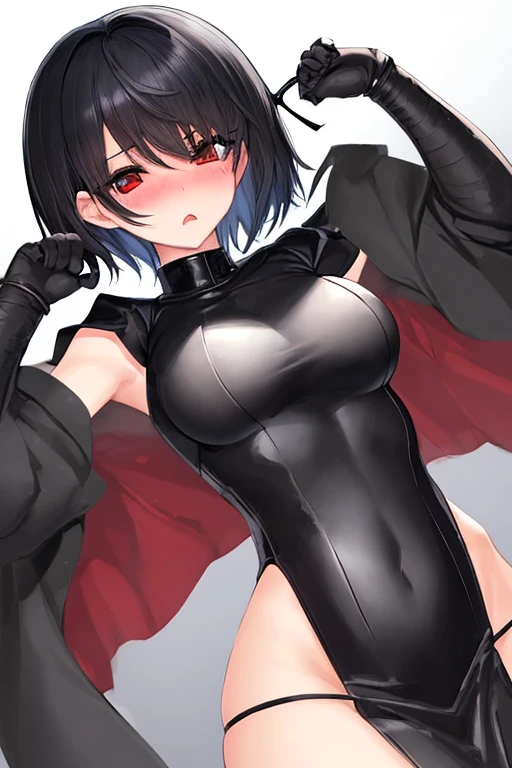 melhor qualidade,roupa azul,juri han,solo, masterpiece, best quality, agrias, grey sweater, black leotard, standing, looking at viewer, short hair,oculos,evil smile, evil look,luvas preta,roupa azul,yandere rosto,low lighting,coxa sarada copo detalhado,olhando para frente juri han,bela