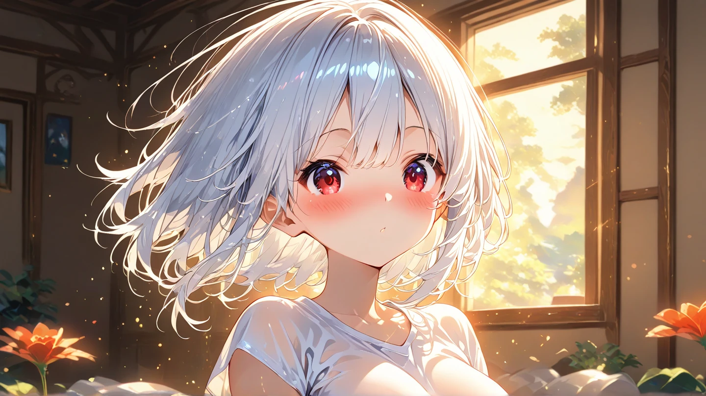 nsfw,1 girl,face focus,WhiteBikini,downblouse,upper body, Brat,masterpiece,best quality,very aesthetic,absurdres,light Areola,skin,extended_downblouse, frontbend,White shirt,(Leaning forward),over shirt