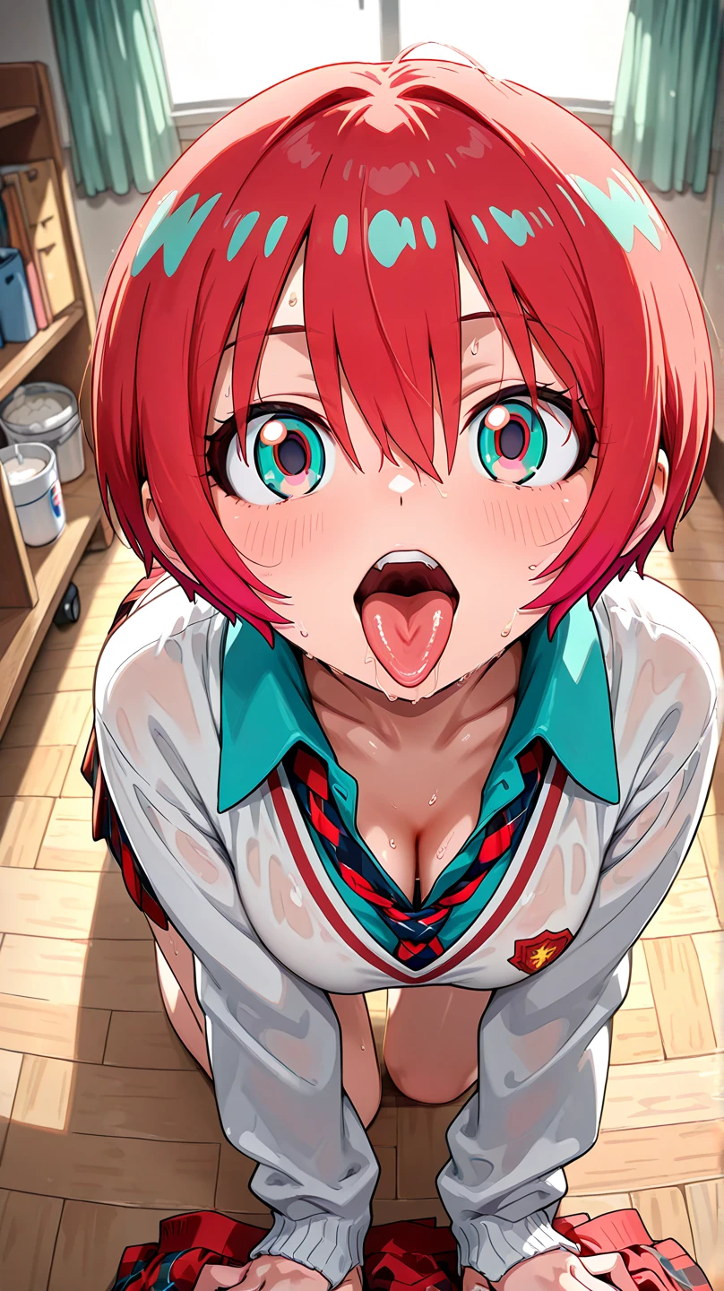 A large amount of white liquid all over the body on the chest and tongue, taken from the front, a woman with pigtails (tied in two) with red hair (two side up, half twin tails) solo, delicate face, long eyelashes, (red eye: 1.3), tartan check, music room, angle from above, uniform, without underwear, sweat, thin, mouth wide open, tongue out, big naked boobs with nipples, sexy, crawling on all fours, A large amount of white yogurt on the chest and tongue