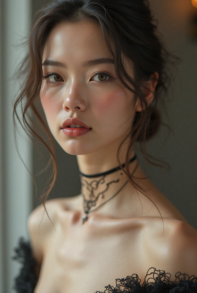 8k、High resolution、B girl fashion、beautiful girl、slender body、young、colorful costumes、white skin,narrow eyes,high nose,lighting that illuminates the face、clear image、intellectual beauty、Eyes staring straight ahead、skinny、no makeup、Black Lace Costume、short hair、anxious look、close-up image、When the light hits your face, Clearly visible,Shopping mall、wear fur,shining hair、