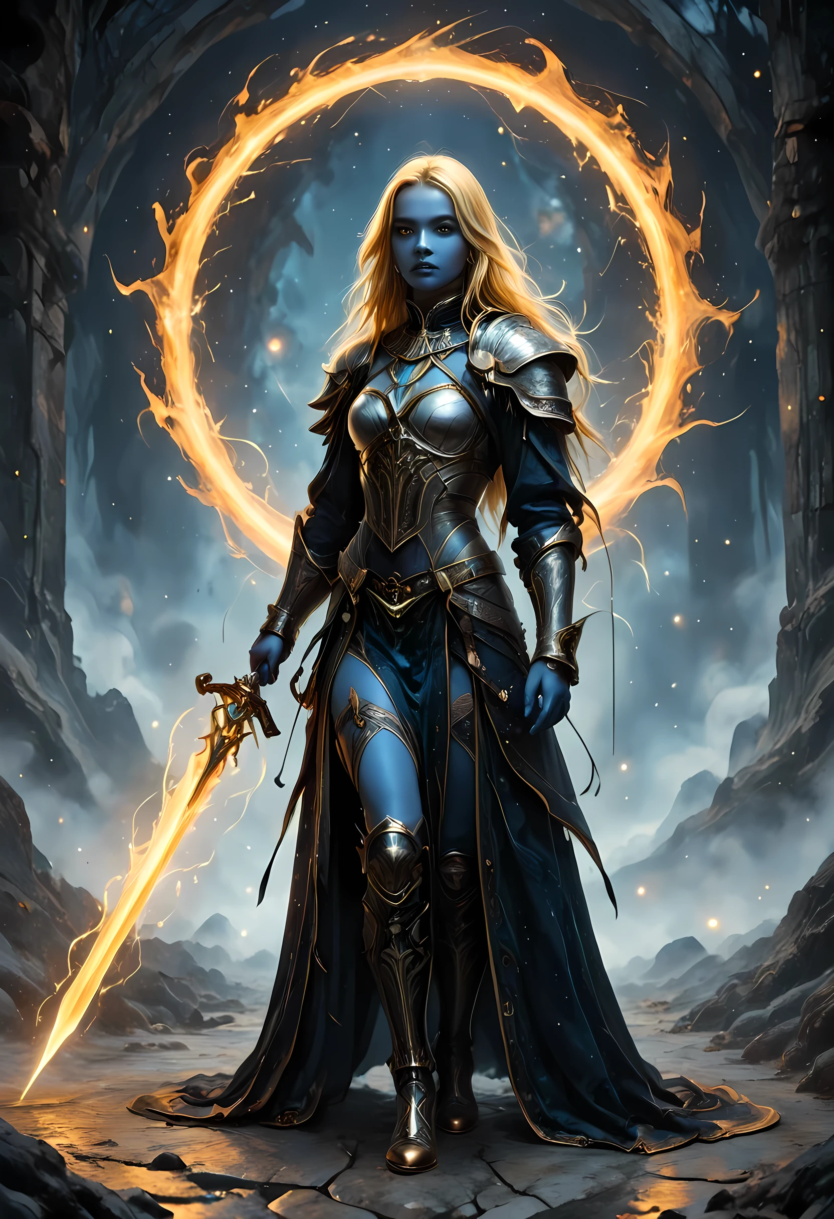 Oil Painting Portraits of a female cleric ((dark blue skin: 1.5)), intense details facial details, exquisite beauty, cleric, (dark blue skin: 1.5)) female, ((yellow hair: 1.5)), long hair, (((no ears: 1.5))), (green eyes: 1.3), armed with a fiery sword red fire, wearing (twilight priestly combat vestments: 1.5), wearing white armor, wearing high heeled laced boots, wearing white armor, wearing an (orange cloak:1.3), wearing glowing holy symbol, fantasy art, dnd art, RPG art, wide shot, (masterpiece: 1.4) intense details, highly detailed, photorealistic, best quality, highres, within fantasy temple background, reflection light, high details, best quality, 16k, [ultra detailed], masterpiece, best quality, (extremely detailed), close up, ultra wide shot, photorealistic, RAW, fantasy art, dnd art, fantasy art, realistic art,((best quality)), ((masterpiece)), (detailed), perfect face, strapless, lace up stilettos, fantasy, FFROA