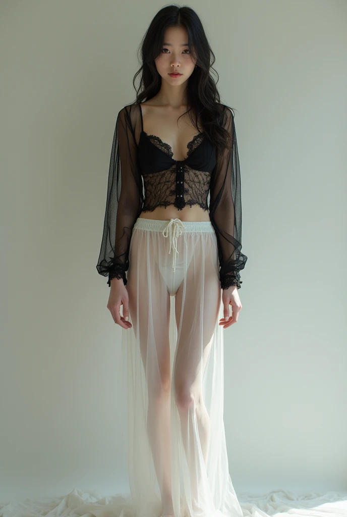 ((Top Quality, 8k, Masterpiece: 1.3)), Sharp Focus: 1.2, Beautiful woman with perfect figure: 1.4, Slender Abs: 1.2,Best quality, full body portrait, delicate face, pretty face, 25 year old woman, slim figure, small bust, transparent, (thin_lace_corset), black stockings,(high_heels)