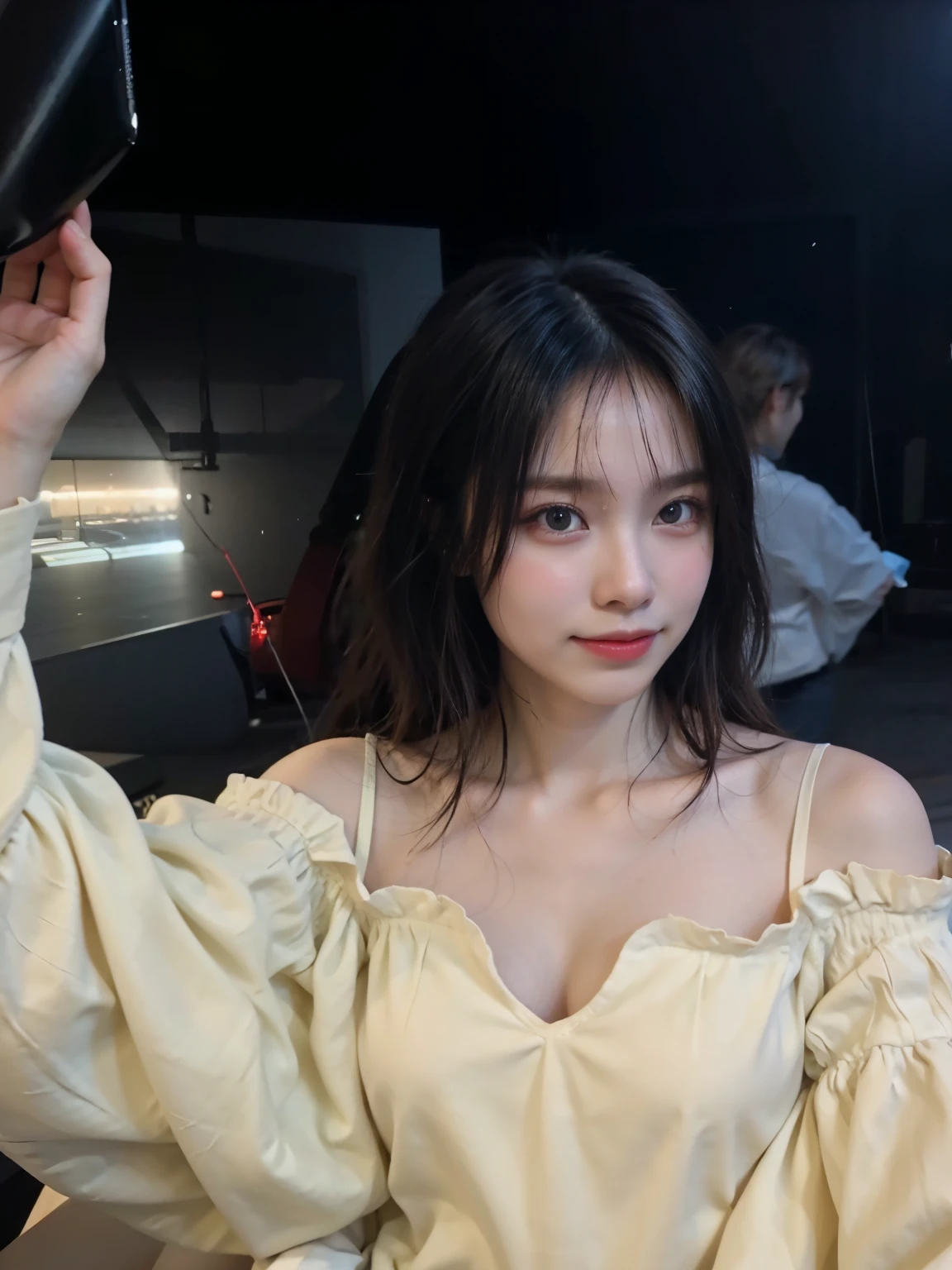 ((Hight quality, 18k, best quality, super realistic)), 1 girl, Beautiful girl, short nightgown, bedroom, large windows, night city view, medium and fluffy hairstyle, take selfie