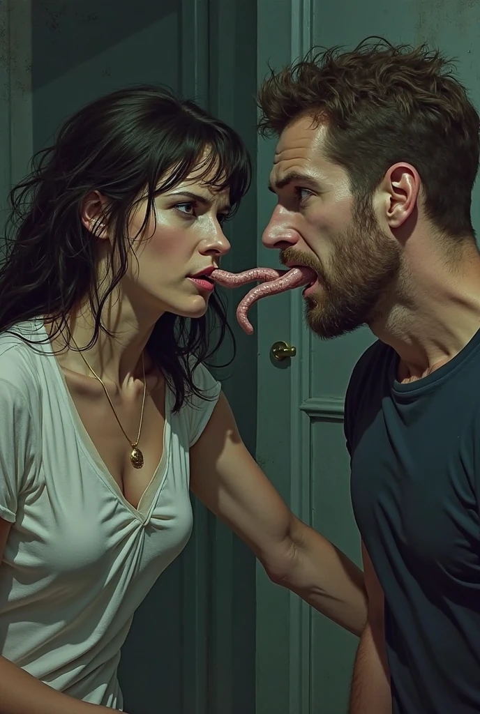 The man in his 45s with black very short hair and smooth face with moustache. The woman in her 45s with brown wavy long hair. They are nakes The woman is moaning. Orgasm. Passion. Erotic. Realistic. Ultra realistic.