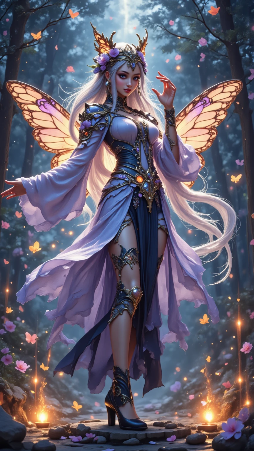 elvish ears,Purple and black suit,Long legs,Colorful butterfly wings,Skysky,Moon,Fly hand in hand with girls