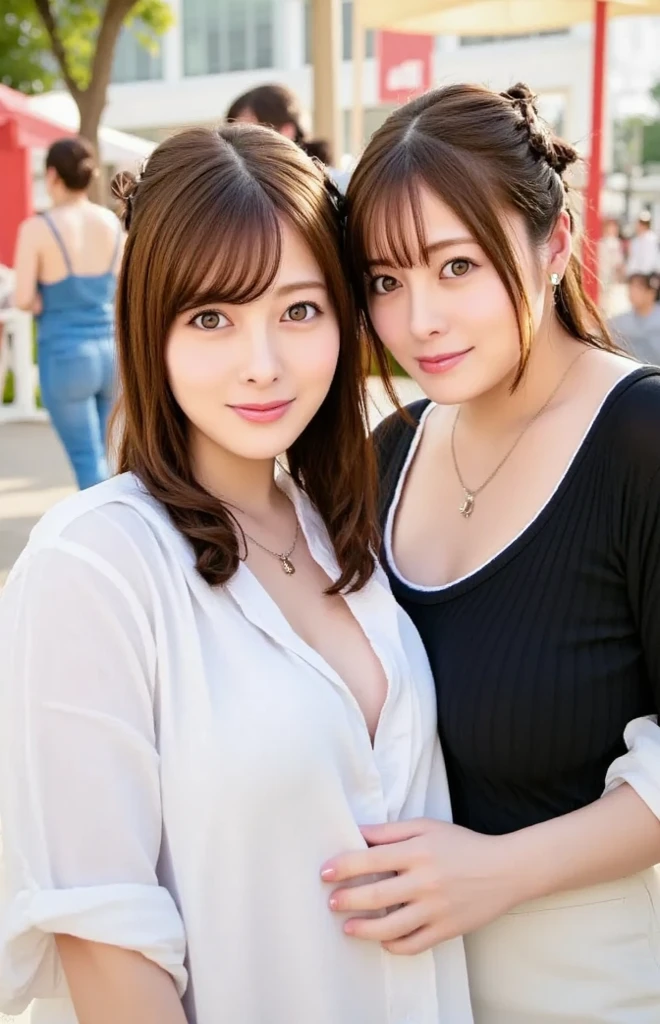 ((small breast:1.5)), ((flat chest:1.8)), Beautiful woman, ((Mother and daughter:1.5)), ((My mother is 38 years old.:1.5)), ((Scared:1.5)), ((frightened:1.5)), (orgasm:1.5), ((mother has a flat chest:1.5)), ((My daughter is 18 years old:1.5)), ((asymmetrical bangs)), Close in age, beautiful, I wear clothes, ((Mother has a very small mole on her left cheek:1.2)), ((Look into the viewer's eyes:1.5)), ((looking at viewer:1.5)), ((look into the viewer's eyes:1.5)), (top-quality, 16K, masterpiece:1.3), top quality, masterpiece, high resolution, photorealistic, (raw photo), live shooting, 16k wallpaper, perfection, professional lighting, very detailed, fine details, Hyperrealism, hyper realistic, realistic, japanese, (super detailed), (Photorealsitic:1.5), high-level image quality, very detailed, depth of field, (most beautiful), (dramatic lighting:1.2), (cinematic lighting:1.2), ambient lighting, (front lighting:1.2), highest precision, detailed fingers, detailed hands, detailed eyes, detailed skin texture, textured skin, realistic smooth soft skin, (perfect body proportion), (seductive emotion:1.3), (soft and plump thighs:1.2), (short torso:1.5), detailed face, detailed finger, clear eyes, gentle eyes, accurately drawn arms, accurate and perfect human anatomy, white and soft thighs, realistic smooth soft skin,