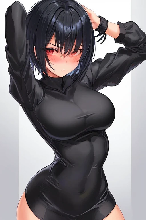 1 girl,back,((girl being touched by an old man:1.4)),Black tight suit,blush,serious face,blue eyes,Sweat,black hair,short hair,big breasts