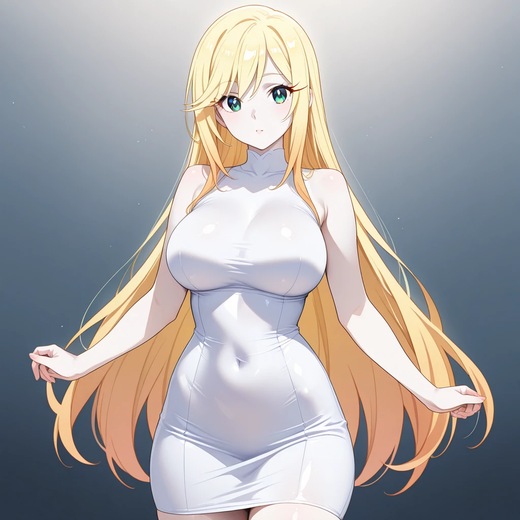 1girl, Extremely detailed face, 8k hd quality, Masterpiece, perfect body, 5 fingers on hands, detailed eyes, Sparkle in the eyes, Smile of happiness, Blonde, long hair, bangs, green eyes, happy look, silios, Huge breasts: 1.8, full body, standing, arms open, white and transparent dress,