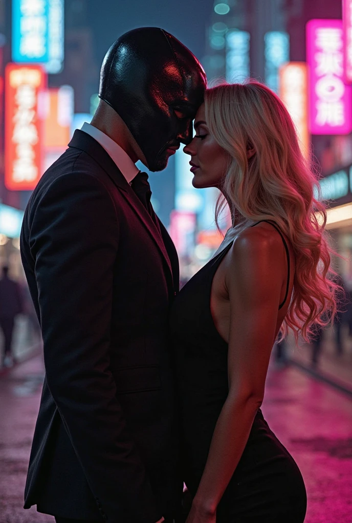 image: full body photo 9:16 with 25mm lens and ambient red filter: dark bedroom with red neon dim lights. action: couple kissing. characters: Tall Man, Delgado, latino, long brown wavy hair, with mask and black suit. Blonde woman of medium height, white skin and black lingerie.