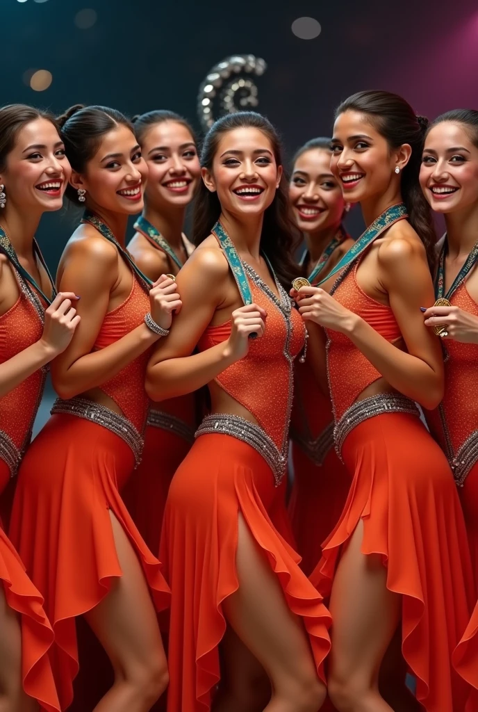REALISTIC VISION 1.4 BETTER VAE, three young Latina women, 18 years old, (big breasts:1.2), with short tousled hair, (inside an olympic arena in the crowd:1.3), (short colorful dress:1.3), (smile:1.1), (kissing:1.2), choker, (black eyeshadow:1.2), (pink lips:0.95),Paris 8K, sharp focus, good exposure, night, ISO 1000, 1/250s, natural light, Adobe Lightroom, photo lab, Affinity Photo, Ultra Realistic, Photorealism, Photography, 8K UHD, Photo, HDR, Complex and Elegant, Highly Detailed, Sharp Focus, Stunning, Beautiful, Gorgeous), (Masterpiece: 1.2, Best Quality 1:1, Ultra Detail: 1.2, Best Shadows, 8k: 1.1), (beautiful detailed face), high contrast, (perfect lighting: 1.2), (cinematic light)), colorful, hyper-detail, dramatic light, intricate detail, photograph by arny freytag