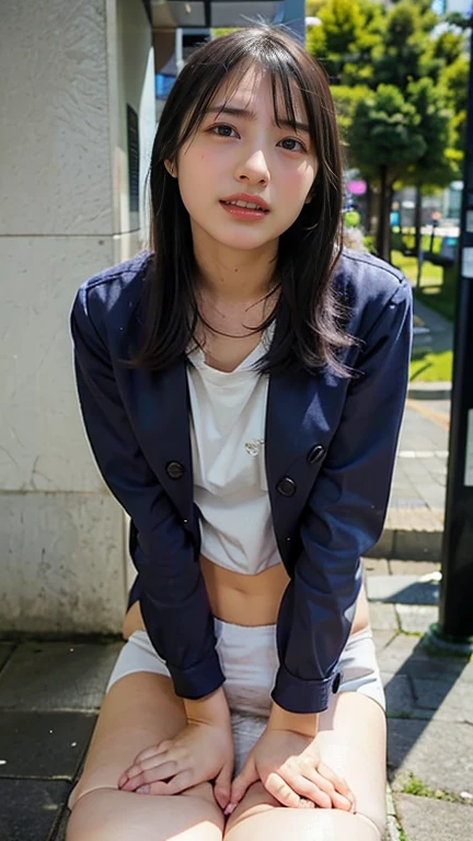 ((High-definition images, masterpiece, atmospheric perspective, 8K, Super detailed, Accurate, highest quality, single shot)), (casual style), Jacket, unbuttoned shirt, swollen areole, (round face, realistic eye size, droopy eyes, blush, smile), (((legs to head ))), (in the night), blonde hair, small earrings, thin necklace, (light makeup), mini skirt、hand in panties、白いパンティー