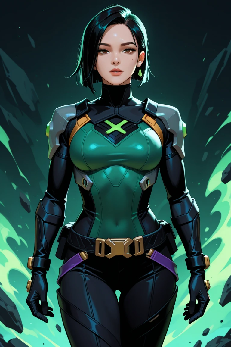 My Hero Academia style, anime Girl, female, trending on artstation pixiv, (full body shot:1.5), wide hips, wide thighs, large breast, Izuku Midoriya, Hero Suit, Full Body Suit, Neon Green Suit with Black Lines, Black Booties with Neon Green Accents, mechanical right gloves, green eyes, green hair, short hair, curly hair, wide smile, super detailed, perfect anatomy,