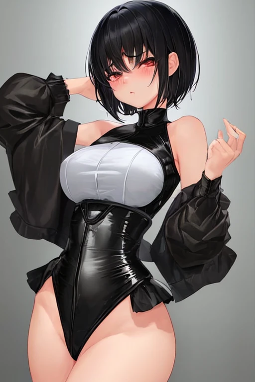 short black hair 1 girl, 1 gilr, ,perfect anatomy girl muscular girl toned body girl large breasts girl thick girl angry girl best quality girl black hair girl Eyes red,linda,wearing short leggings with, blackstockings, shorth hair, comely eyes, comely, Eyes red, white  shirt, black leather jacket, shorts, legging branca curta, dark alley city black pantyhose, horned hair on head,ssmile,face detailed,ssmile no rosto,Hands behind the head
