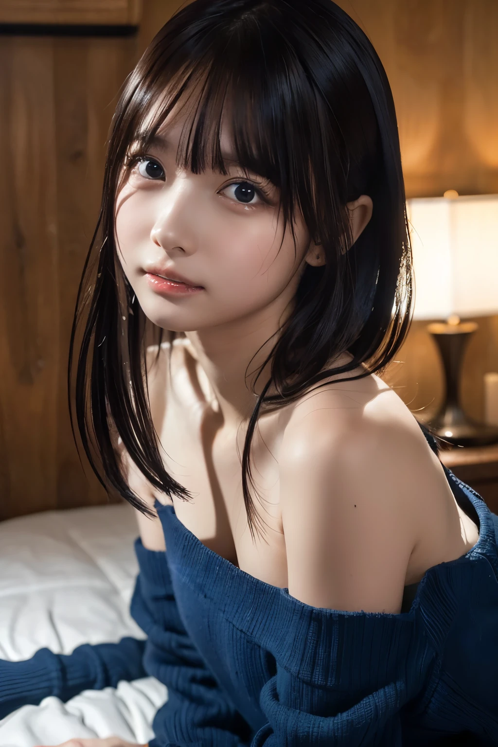 ((masterpiece, Best Quality, high resolution on down, Ultra High Definition)), Japanese High Girls、(Realistic:1.4)、excited、Great face、Pointed Mouth、 close your mouth、 wet lips、Age 15n Tails,(Beautiful Hair:1.5), off shoulder, Sit on the bed in the room、Stare, angle from the front , textured skin, high definition CG synthesis 8K wallpaper, high resolution on downのRAWカラー写真, professional photo shoot, Light, BackLight, Impressive, written border depth , ( face close-up:1.1)