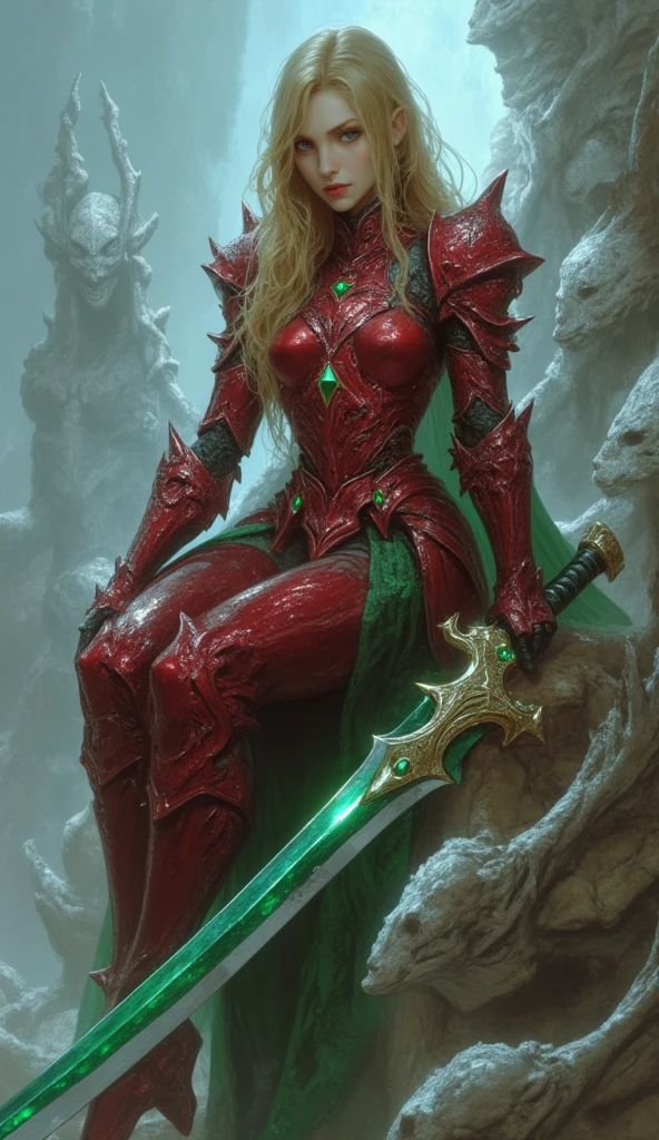 Game theme World of Warcraft Image of a female elf ,beautiful and gorgeous elf age 32 with Blonde hair standing holding two favorite Bright Green Short Daggers one in each hand ,blood elf Assassin Wow, wide hips, narrow waist, gigantic breasts, Long elf ears, glowing green eyes, Red Light female Assassin Armor with emeralds , Red Pauldrons, Red skull Pauldron with emeralds, Gold and Red Chestpiece, Red and black Gauntlets, Black tabard, dramatic tones. A masterpiece with the highest resolution. , Surrealist image type