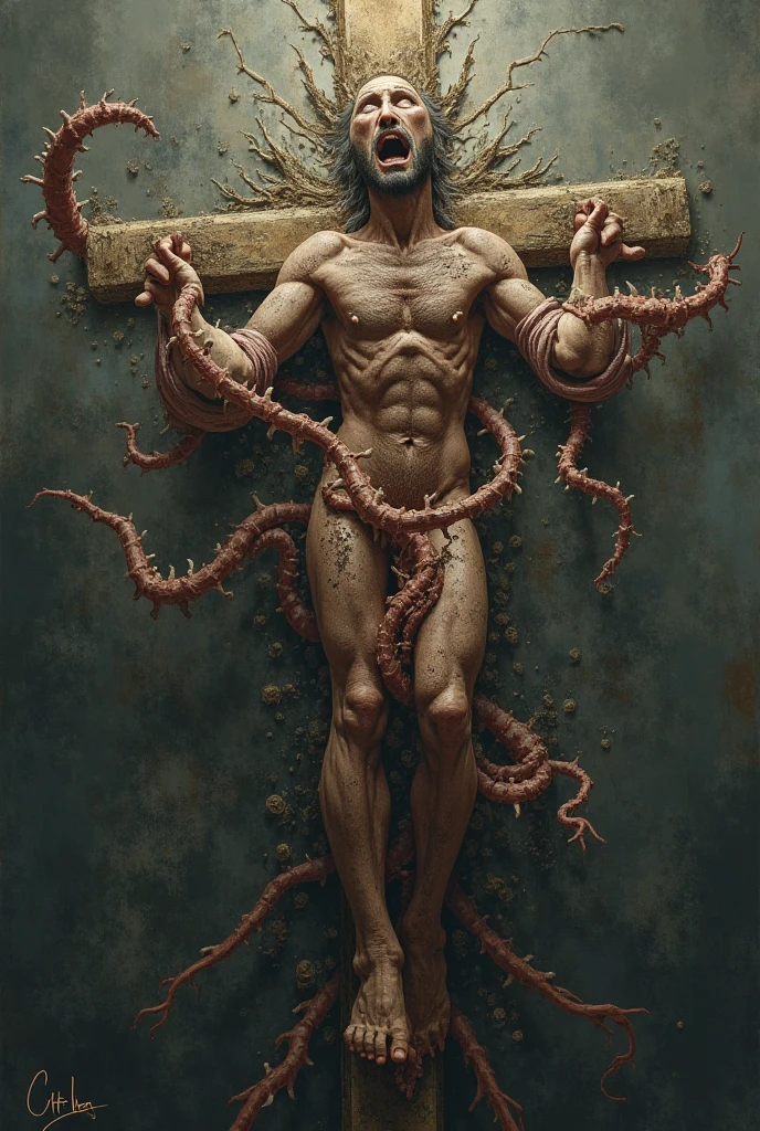 fighting game masterpiece, Best quality, Ultra (realistic), 32K, RAW photo, detailed skin, 8k contract, SLR camera, high quality, granularity, God of death, Dynamic, Bright, Action-packed, detailed character design, Reminds me of fighting games in video games, black bloody veins grow and intertwine from the darkness, Thick neon rainbow blood oozes, veins grow and pump blood, vascular networks grow, connection, extension, red veins everywhere, by zdzislaw beksinski, (Bright colors:1.1), (repetition:1.1), (sharp realistic photo:1.1), (Infrared:1.2), rust, Hypercube, Ultra detailed, difficult, oil on canvas, ((drybrush, Ultra sharp)), (Surrealism:1.1), (alarming:1.1), painting in Beksin style, sparks, lens flare, Rim lighting, Backlight, RTH, Post-processing, satanic cross, the human body, muscular, poison costume