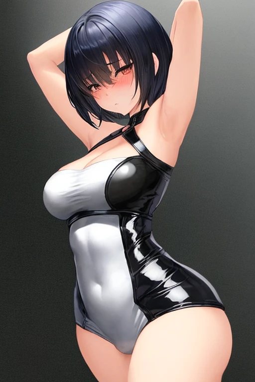 Metal strap winding,Swimsuit white nurse cap,Many thick black tentacles surround,Sit on the ground,Stretch your legs upwards, Tie your hands and feet together, inside in room, BDSM, with short black hair,Painful expression,Raised sexy,Giant buttocks,detail real,Super realistic style,skin detailed,Lots and lots of red ropes hang on the background,Vinyl coating,sweat leggs