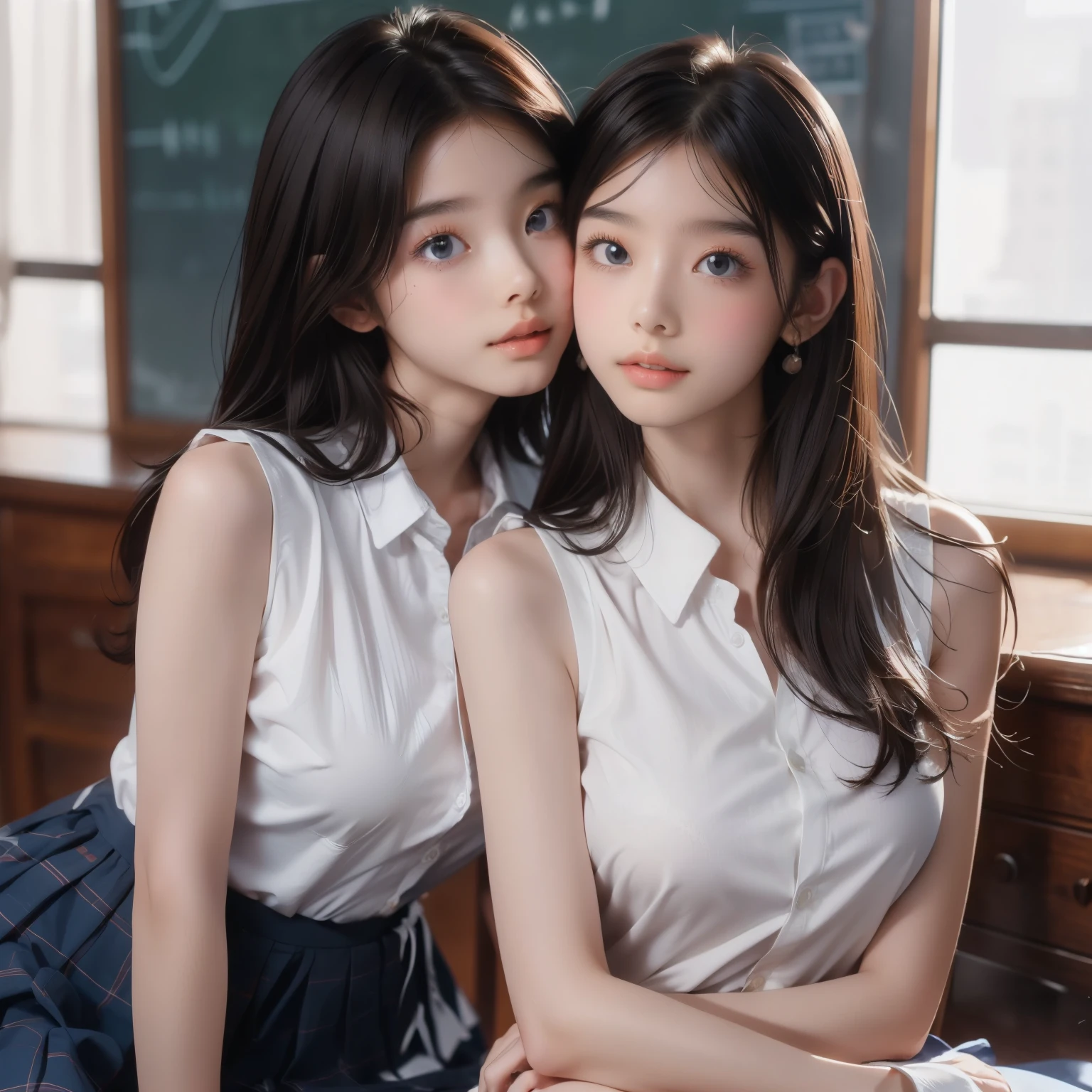 absurdres, RAW photo, extremely delicate and beautiful, masterpiece, Best Quality, ultra high resolution, 16k, hyperrealistic, ultra-detailed, Very detailed CG 8k wallpaper, Beautiful Lighting, Perfect Lightning, Realistic Shadows, perfect anatomy, super Detailed skin, perfect figure, Japanese woman, late 20s, very Slim body, narrow waist, very small head, handsome detailed woman, very detailed eyes and face, realistic face proportions, Stunning detailed eyes, Realistic beautiful face, very small face, Realistic small beautiful eyes, double eyelids, makeup, tearful mole, mole on chest, earring, bare legs, beautiful and very thin legs, beautiful and very thin thighs, (((very huge round breasts))), ((full body shot)), ((short hair)), wavy hair, (((korean school uniform, summer school uniform shirt, dress shirt))), midriff peek, ((sleeveless)), ((yuri)), (2girls), ((kiss)),