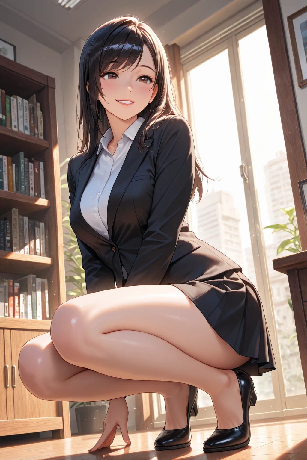 Highly detailed, High Quality, Masterpiece, beautiful, Kafka, 1girl, solo, jacket, purple eyes, crossed legs, seductive smile, from below, smirk,