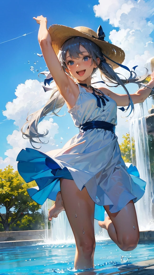 1.5),(1 girl),(dynamic pose),(multicoloredhead+silver hair:1.3+redhead:1.2+purple hair+yellow hair:1.3+green hair:1.3),(blue eyes),(neck ribbon),(floating),(cloud),(Too many droplets of water),(twilight),(watercolor),(wide shot)