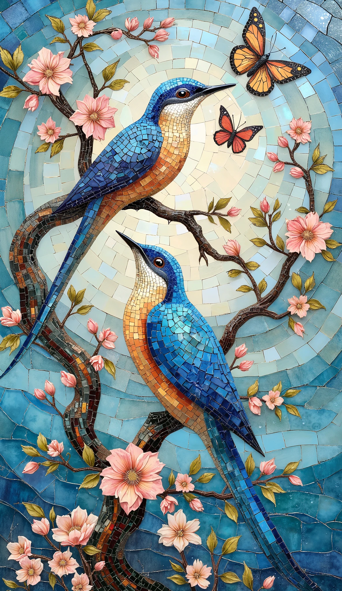 A delicate handmade mosaic featuring a pair of exotic birds perched on blossoming branches of a flowering tree. The birds, one with vibrant blue feathers and the other with earthy tones of rust, yellow, and cream, are intricately crafted using fine ceramic and glass tiles. The tree branches twist organically upward, filled with soft pink and white blossoms and lush green leaves. Two butterflies hover nearby, adding life and motion. The background is composed of a serene wave-patterned aqua blue backdrop, giving the piece a tranquil, nature-inspired elegance. The composition is balanced and graceful, ideal for luxurious decor or serene wall panels