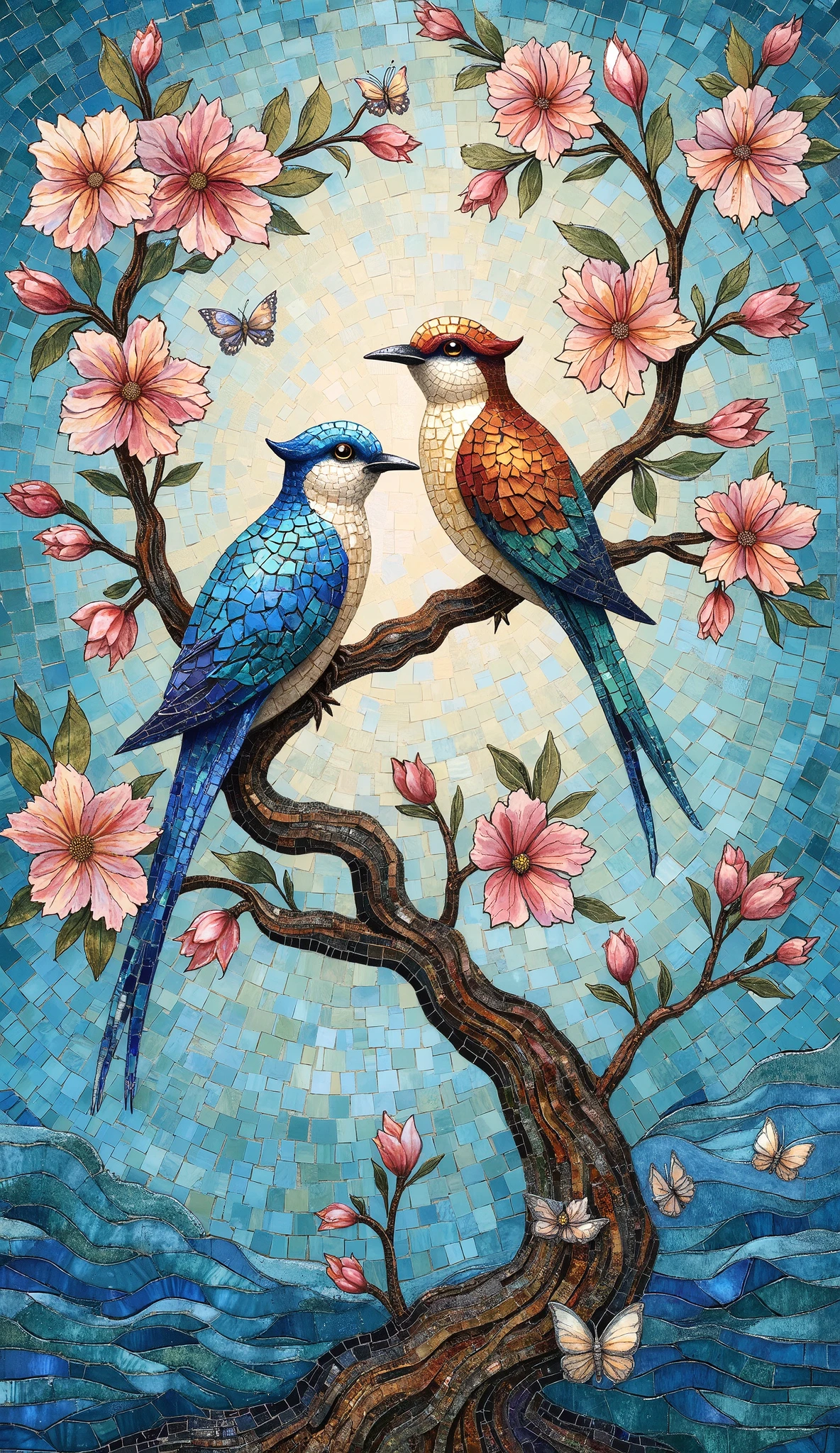 A delicate handmade mosaic featuring a pair of exotic birds perched on blossoming branches of a flowering tree. The birds, one with vibrant blue feathers and the other with earthy tones of rust, yellow, and cream, are intricately crafted using fine ceramic and glass tiles. The tree branches twist organically upward, filled with soft pink and white blossoms and lush green leaves. Two butterflies hover nearby, adding life and motion. The background is composed of a serene wave-patterned aqua blue backdrop, giving the piece a tranquil, nature-inspired elegance. The composition is balanced and graceful, ideal for luxurious decor or serene wall panels
