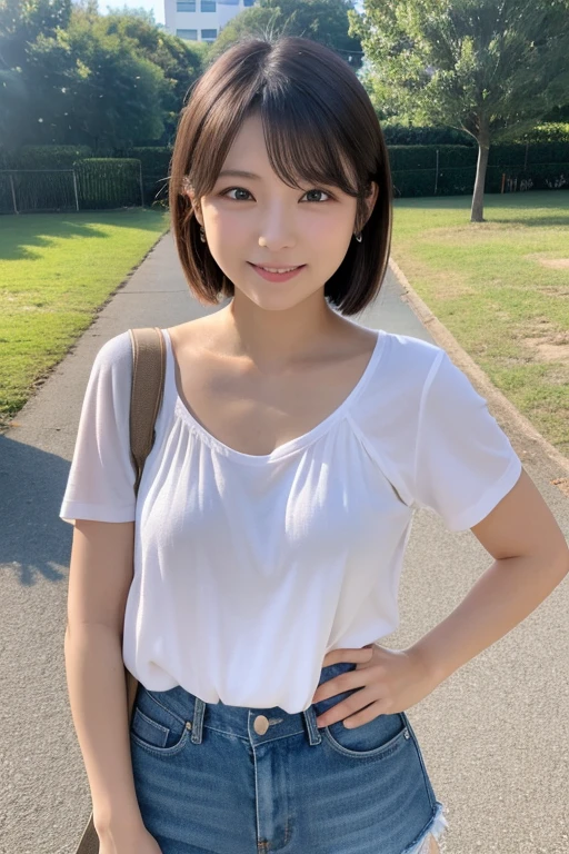 Tight white short sleeve T-shirt、Slim Denim、sneakers、1 slender girl、Bob Hair、Brown Hair、Medium breast、Walking around town、Masterpiece 1.3、Raw photo、Masterpiece、Detailed Background、