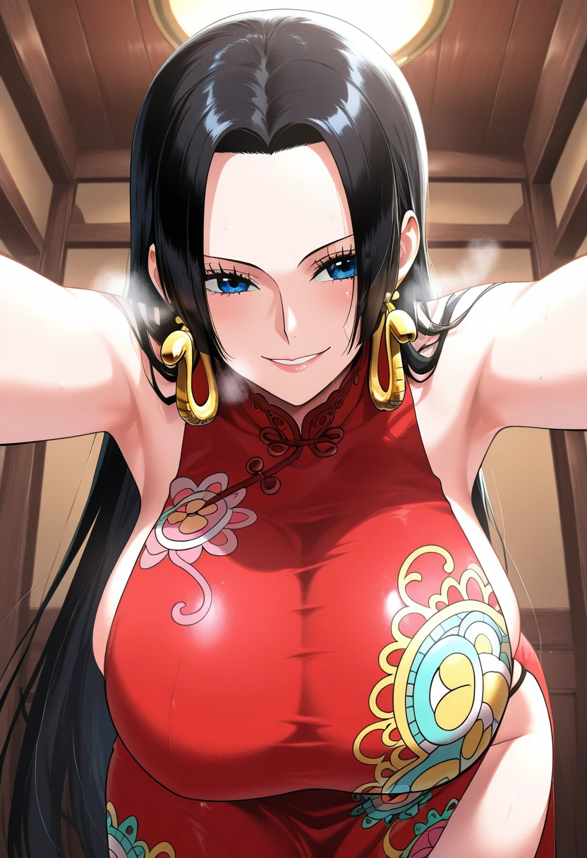 best quality, masterpiece, highly detailed,1girl,  ((rose)), (vine), cage, bandage, red rope, (detail light), falling rose petals, Boa Hancock,, (masterpiece:1.5), Detailed Photo, Smiling,(8K, Photorealistic, Best Quality: 1.4), (1girl), Beautiful Face, (anime realistic Face), (Black Hair, long Hair: 1.3), Beautiful Hairstyle, Realistic eyes, beautiful detail eyes, (realistic skin), beautiful skin, absurd, attractive, ultra high resolution, ultra realistic, high definition, golden ratio, red bikini