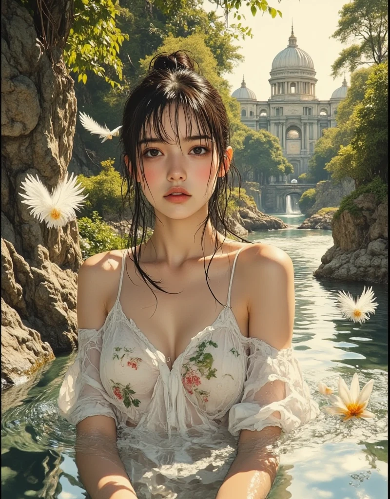 (((Full body image of a woman))),(Model shooting style), (shy), 1 person, Lonely, Shiny black hair、 Extremely rich facial detail, Beautiful Eyes, cute, Slightly red cheeks,bright, Lonely Eyes, Stunning beauty, (Rembrandt Lighting,Loop Lighting,Butterfly Lighting),Shift Lens, ARRI Lenses, Surreal, (Skin with attention to detail:1.2),8k,ARRI ALEXA 35,Promise, Dramatic Rim Light,Sparkle Effect, high quality,Very delicate and beautiful, wonderful, In detail, masterpiece, Very detailed, High resolution,Best Shot, ((Best Shadow)),Exquisite contrast,Complex,Sharp focus, high quality, 1 Japan woman, alone.cute,Fuka Koshiba,Yuki Sakurai,Magnificent waterfalls,(water droplets,rainbow),Mist-like droplets,Wet,Lens flare,No sleeve,Frills,Beautiful breasts,Swallowtail butterfly,A butterfly flutters,Cool eyes,Glossy Lips,An ennui smile,Glowing Skin,Transparent skin,From above,((Open your arms)),Waistline,Beautiful nipples,((No shirt, Very good, Naked underneath, Bare chest, Barely covering her nipples)),((Wet, Her clothes are transparent, Her body and skin sweat)),((View from the rear, From above見た図, Bare back)),Bloom, Flowers are blooming everywhere,Front blur,ARRI 35mm Lens flare,Sparkling Eyes,Vivid Rouge