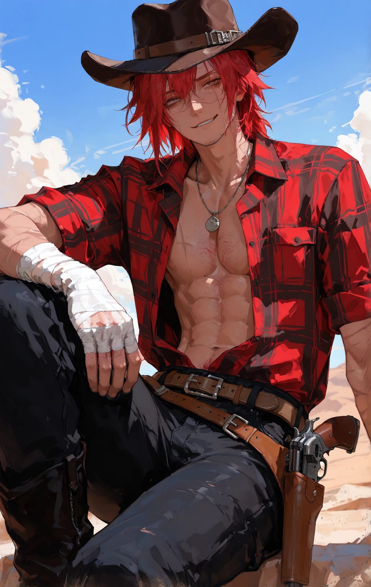 (masterpiece:1.35), (very aesthetic, best quality:1.3), highly detailed, intricate details, absurdres, realistic 3d artstyle, male focus, chiaroscuro, volumetric lighting, backlit, anime artstyle, artistic portrait, creative, unique art, video game, arrid desert background, distant plateaus, blue sky, sparse clouds, 96YOTTEA style,
1man, red hair, handsome, attractive, toned, fit, tired eyes, black cowboy_hat, short sleeves, button shirt, greay_plaid shirt, half-open shirt, hair, black jeans, tan_leather chaps, brown belts, silver belt buckle, multiple belts, black_matte cowboy_boots, spurrs, dusty sand, dry, dusty, windswept, bandaged hands, necklace, body scars, face scar, stubble, holstered revolver on hip,
crouched, one arm on knee, one hand on hat, playful smirk,