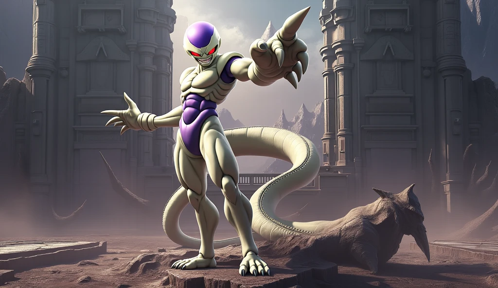 frieza from dragon ball z, frieza final form, 4k, 3d, full portrait, full view, 1girl, solo, female frieza, medium breasts, award winning image, beautiful, lizard tail,