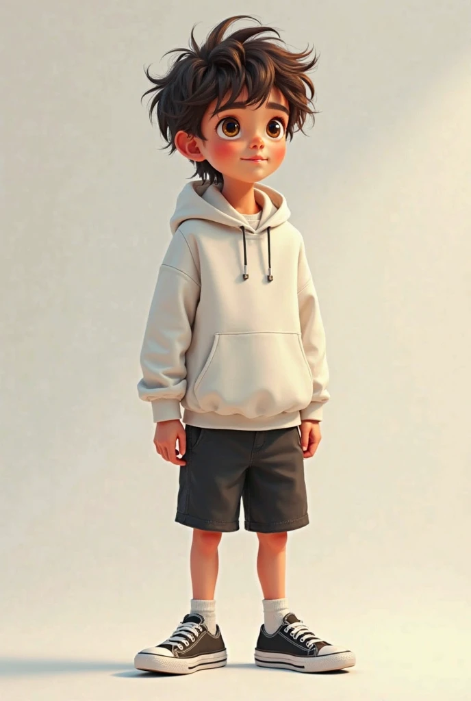 Barefoot boy in black shorts, Black open-toed sweater and under the sweater he has a blue shirt lifting one foot