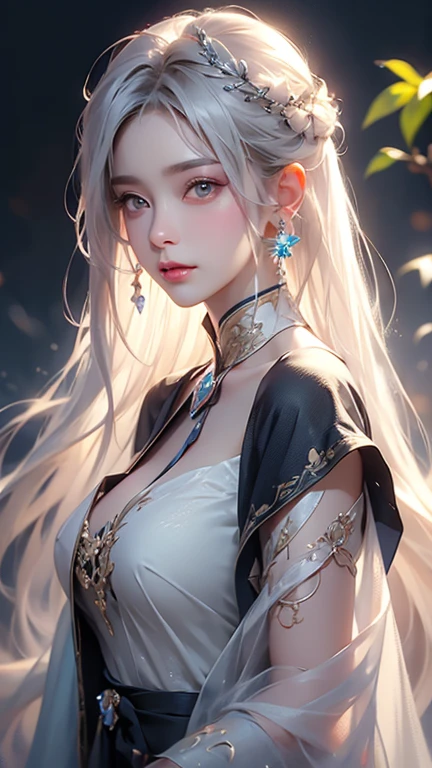 super high quality, masterpiece, Perfect illustration, Very detailed (Exquisite light and shadow, Very dramatic photo,Backlight) , ((Gray Hair:1.5))1 Girl,(( alone:1.6)), (Wearing Han clothes, Black and white Hanfu,Monotony,Long sleeve) (White smoke:1.3) (Realistic:1.4), Official Art, unity 8k wallpaper, Very detailed, Beautiful and beautiful, masterpiece, Highest quality, (Dynamic Angle: 1.4), Glowing Skin, (Floating colorful flashes: 1) The most beautiful chaotic shapes, elegant, Brutalist Design, Bright colors, Romantic Depth of Field Exotic_dance, half_naked、Expose your shoulders、Ample breasts、Great cleavage、Lean forward