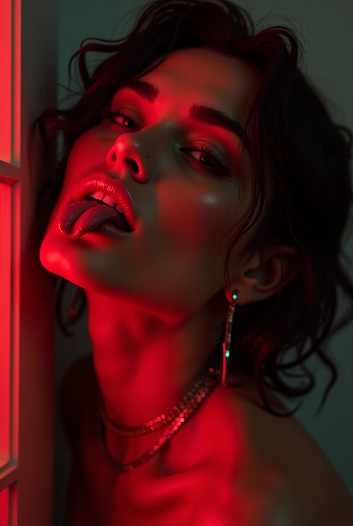 arab woman, young, naked, very curly mullet, septum piercing, dimples, thick belt around neck, naughty expression, man choking woman, choking, transparent red shiny latex bodysuit, close-up, UHD, retina, masterpiece, accurate, anatomically correct, textured skin, super detail, high details, high quality, award winning, best quality, highres