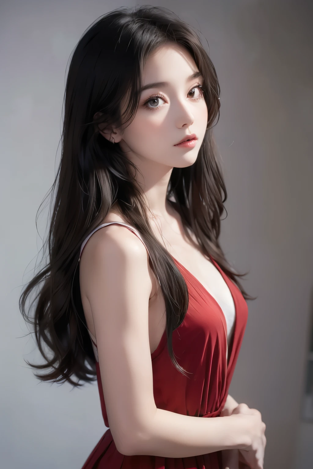 Shining, clear, white skin、Her windblown black hair hides her beautiful face.、huge、Sexy beautiful face of 28 years old、Beautiful straight hair that stands out、growing up, glowing light brown eyes、Sexy long silky bangs covering the eyes, Sexy young woman with super long hair hiding her sexy face、Shiny black hair、(((Sexy Woman)))、The cleavage is visible,Red sexy dress
