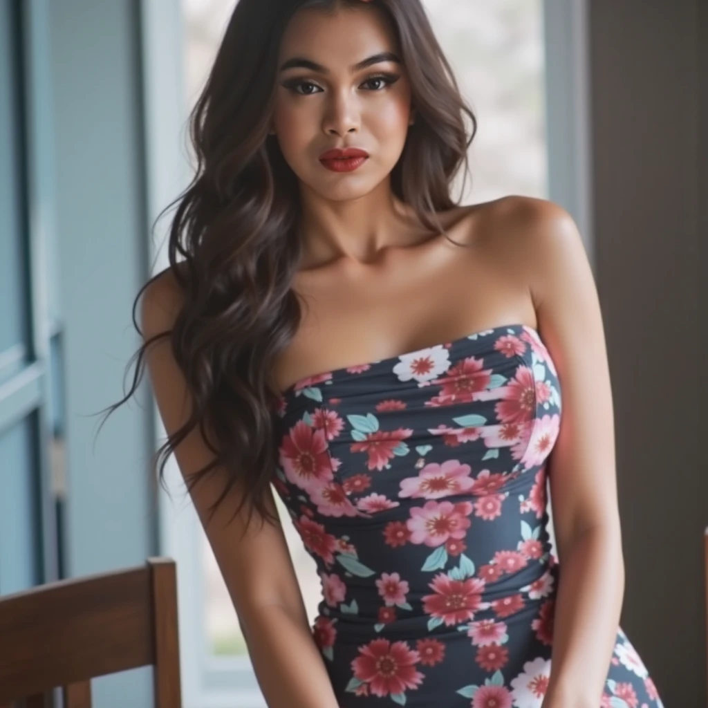 Floral dress,Beautiful and firm bust,Beautiful bust shape,Tight waist,
