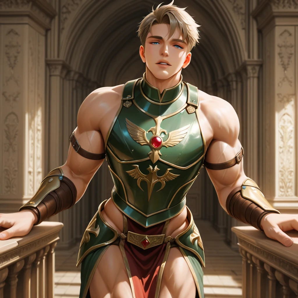 masterpiece, best quality, ultra high res, highly detailed, male, fantasy, thong,  armor, pantless, shirtless, open clothes, sleeping, botanical garden