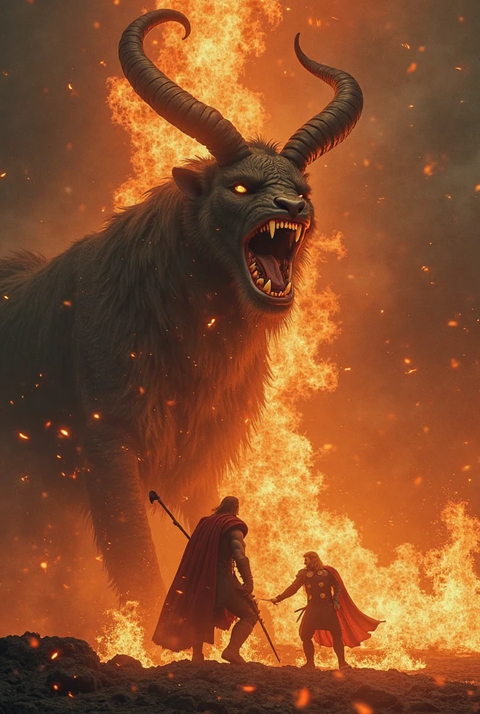  catching fire in a furnace with horns and a wolf behind him