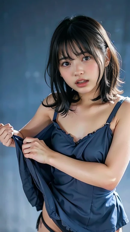 (8K, RAW Photos, Highest quality, masterpiece: 1.4), (Realistic, photoRealistic: 1.4), Super detailed, Ultra-high resolution, One Girl, Beholder, Beautifully detailed face, smile, (Slim waist: 1.0), Beautifully detailed skin, Skin Texture, Floating Hair, Professional Lighting, Middle Chest, Kind eyes,(small breasts:1.6), (beautiful wet nipples:1.6),(undressing:1.9), (:1.0), (law panty:1.5), (sleeveless wet blouse:1.1),(Feather Cut:1.0), (petite:1.0),(upper body:1.0)