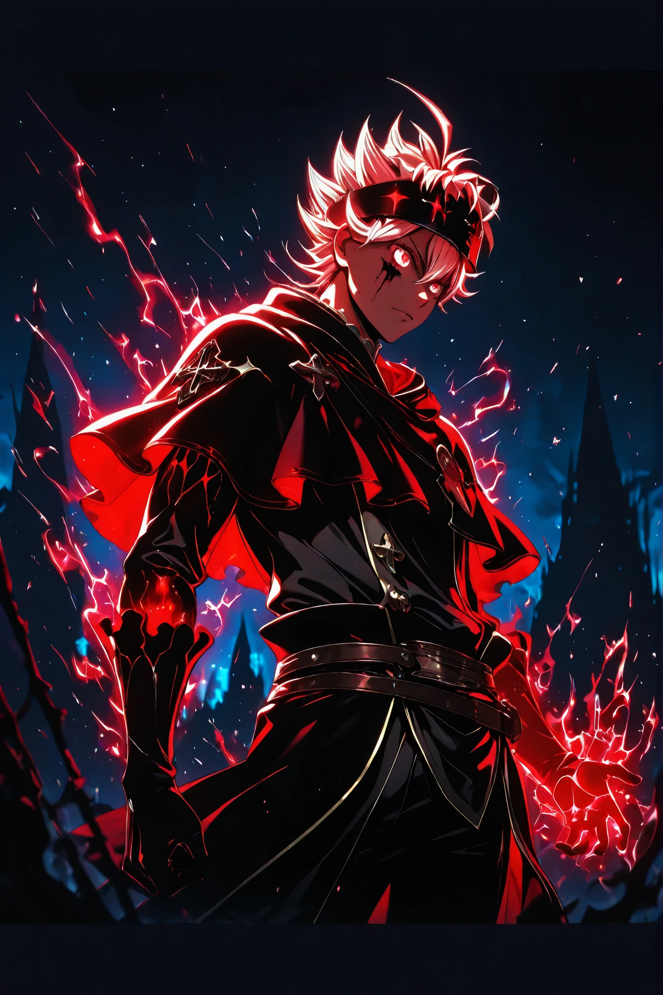 (ruby theme), ((1 man): (((asta)) (black clover)); masterpiece,best quality,newest,absurdres,highres,very awa, ), Dark aura, glowing sigils, dark energy illuminating the battlefield. Cinematic, ultra-detailed, dramatic lighting, photorealistic, epic, mythical, legendary; masterpiece,best quality,newest,absurdres,highres,very awa, ((4k,8k,Ultra HD)),((Masterpiece :1.2)),((Best quality :1.2)),((Detailed :1.5)),((Detailed background :1.5)),glowneon,sparks; intense lighting, high contrast, moody lighting, holographic glow, sharp contrast, glow, glowing outline, Fantasy_eyes