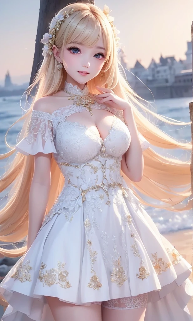 Highest quality、One Woman、goddess、Blonde、White Dress、
