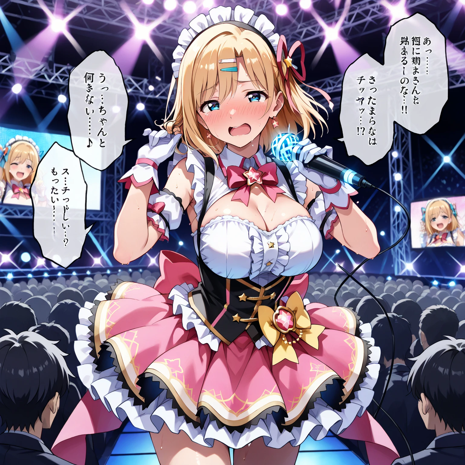 (Masterpiece、Highest quality、Very detailed、4K)、One Woman、Super short skirt、Big Breasts、No panties、Idol、smile、Sweaty、