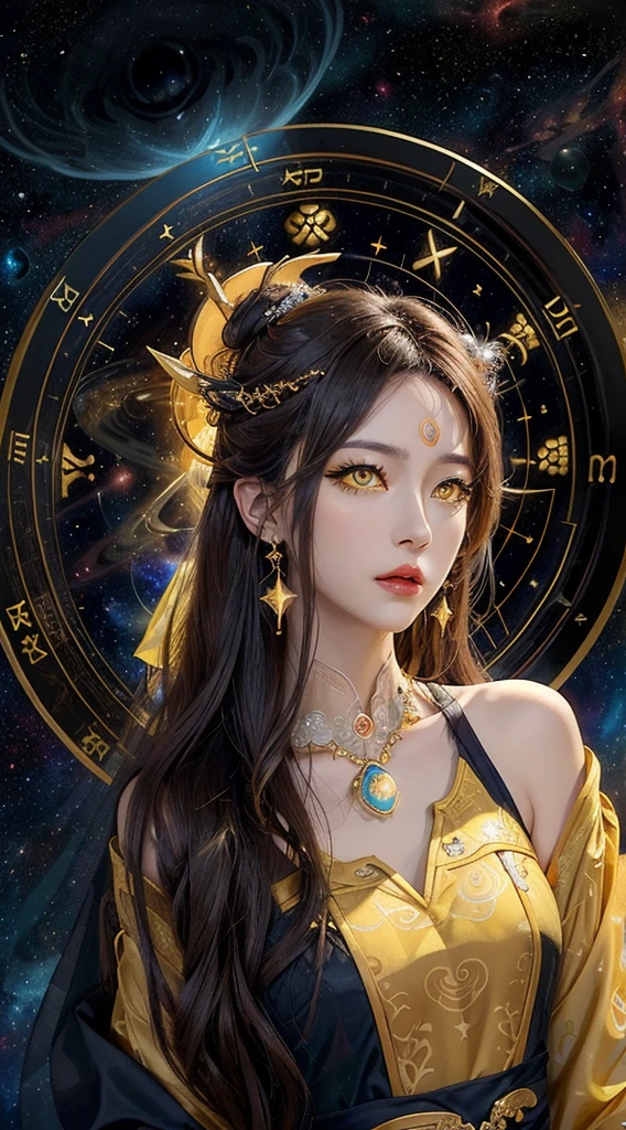 1 27-year-old girl, 1 zodiac goddess from the future, goddess of the pink and purple 12 zodiacs, the goddess of the zodiac in a yellow ao dai, a 12 zodiac ao dai with many black lace detail, mythology Goddess of the 12 zodiacs from the future, zodiac ♏, luxurious glittering zodiac style, dark and mysterious version, zodiac crown, lipstick lips red, thin and beautiful lips, Smile makes viewers fall in love, characters made by karol bak and pino daeni, intricate detail, detailed background, extremely detailed, light magic, a woman, clear face, look at the face of goddess zodialook at the zodiac goddess face, hair long with bangs, beautiful face in detail and well-proportioned eyes, (transparent yellow eyes: 1.8), big round eyes and very beautiful and detailed makeup, foresight, silk dress, mysterious makeup, double bangs and dyed light blonde, uper body, zodiac goddess uper body, arms hanging loosely, Realistic and vivid photo, (stars make up the zodiac: 1.7), (sky background zodiac and fictitious space and time portal: 1.8), fiction art, RAW photo, hanfu picture, best photo, best photo quality, 8k quality, 8k ultra, super realistic, real photo most economical, artistic portrait of goddess zodiac,