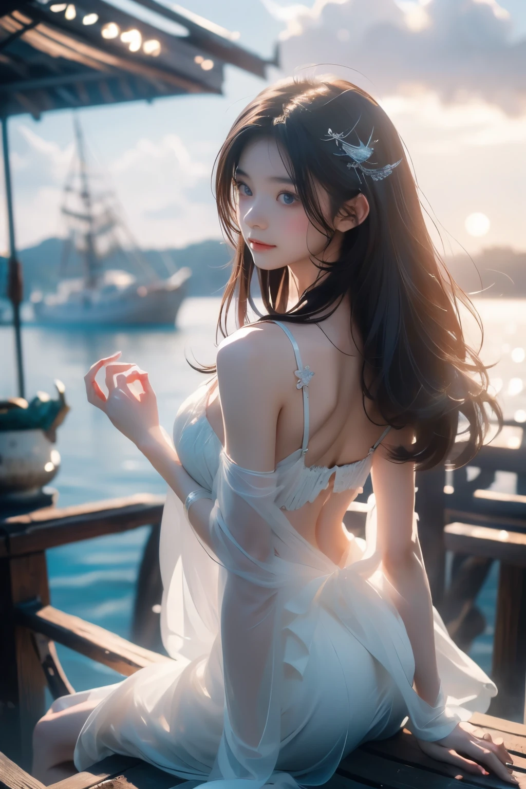 (((best quality))),(((ultra detailed))),(((masterpiece))),illustration, 1girl, mysterious siren, mythological creature, bird-body human-face, beautiful eerie, captivates attention, wings fluttering, fair skin, delicate face, enigmatic allure, long hair swaying, lightweight white leather dress, slender figure, hem fluttering, starry eyes, slight upturned smile, ancient secret whispering, boiling moonlight sea, shimmering water, tragic love, ships in distance, beauty and danger, enchanting song, love adventure tale, dreamlike atmosphere