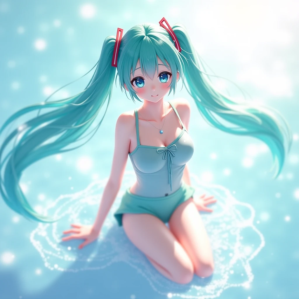 Hatsune Miku 25 years old Long face smiling lying on his back facing the ground Hands raised Bikini All over