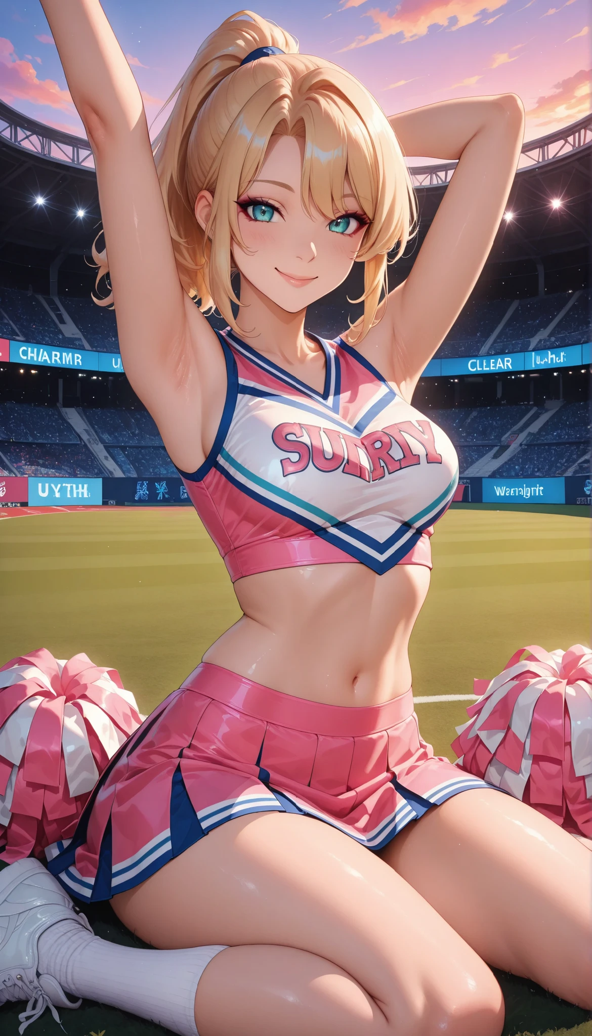 age girls, blond hair, ponytail hair, cheerleader, super sexy, wariza, Armpits, 4K, high resolution, ANIMATED, cute anime style, HDR, UHD, clear focus, physics-based rendering, extreme detail, vibrant colors, Bokeh, Twilight Sky, gradation, stadium, Energetic Movement, charming smile