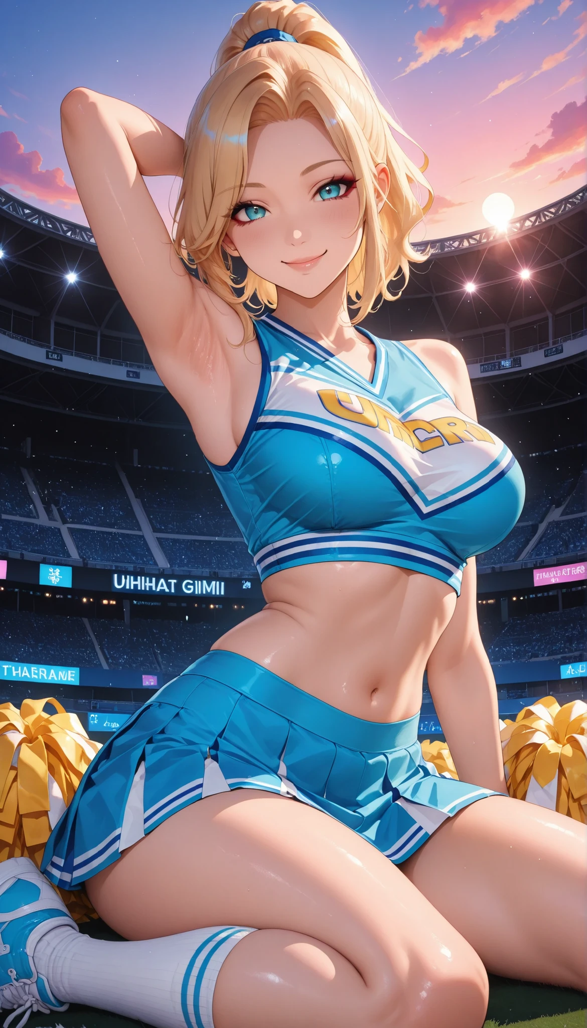 age girls, blond hair, ponytail hair, cheerleader, super sexy, wariza, Armpits, 4K, high resolution, ANIMATED, cute anime style, HDR, UHD, clear focus, physics-based rendering, extreme detail, vibrant colors, Bokeh, Twilight Sky, gradation, stadium, Energetic Movement, charming smile